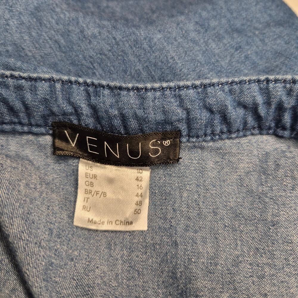 Venus Chambray Ruffle Top Dark Wash Cold Shoulder Cami Button Down Blouse Sz 10 - Picture 8 of 10